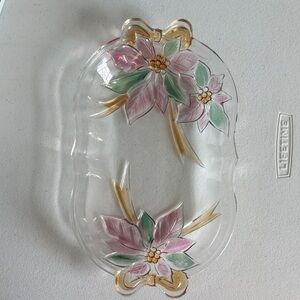 Savior Vivre Holiday Spirit Glass Serving Tray with Painted Poinsettias and Bows